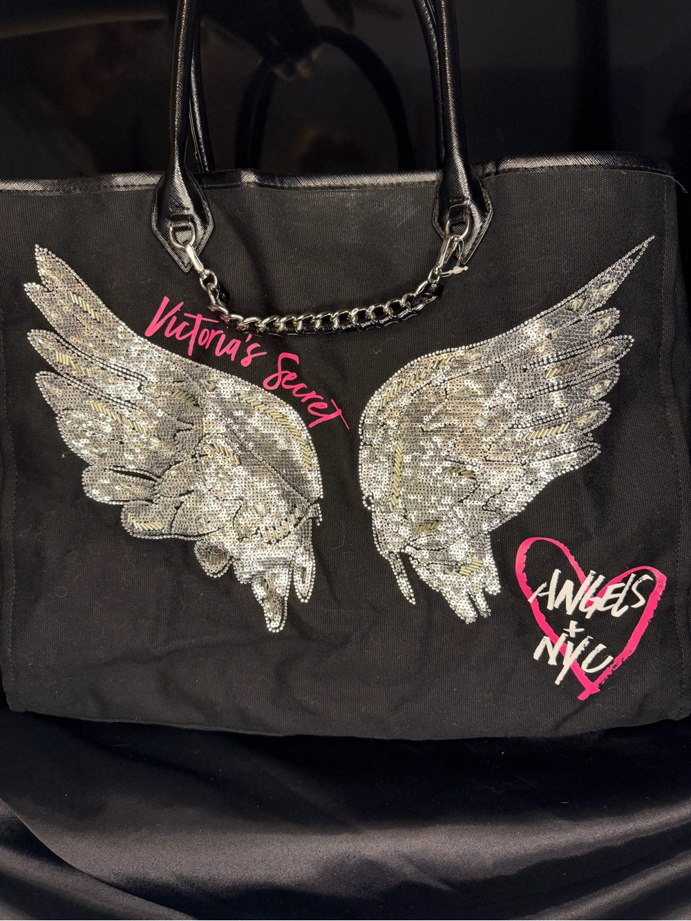 Victoria's Secret Black Tote with Silver Sequin Wings and Pink Accents